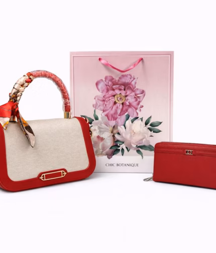 Set cadou elegant pentru femei - geanta rosie cu esarfa + portofel lung + punga cadou